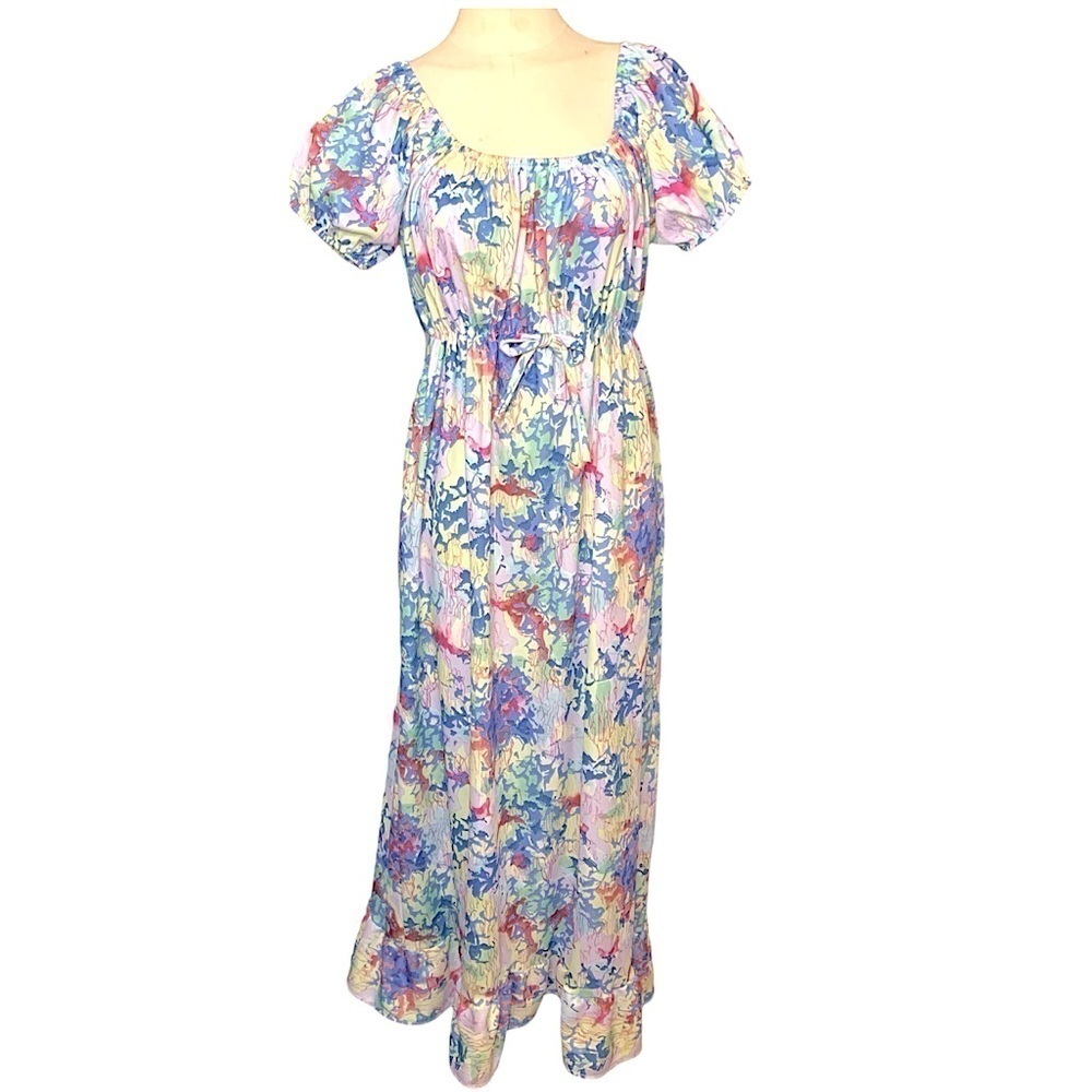 VTG 70-80's Maxi Dress Off Shoulder Blue Pastel Floral Corral Puff Sleeve Sz M/L